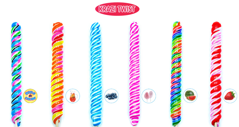 krazi twist lollipop includes cream soda, fruit punch, blueberry, cotton candy, rainbow watermelon, and strawberry
