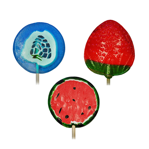 Fruit sticks lollipop candy in the shape of Strawberry, Blue-raspberry, and Watermelon!