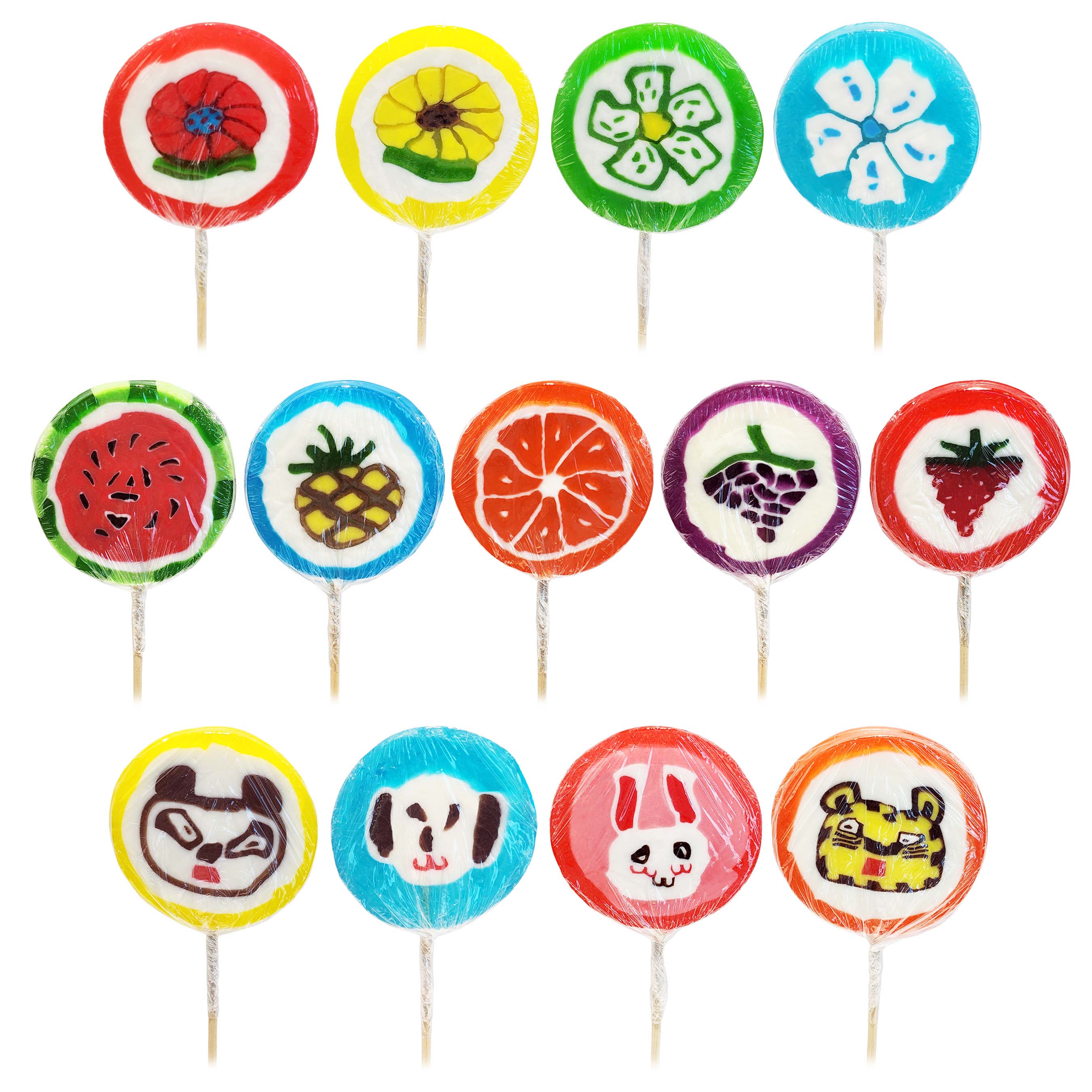 Jumbo 90 gram lollipops, available styles are in Animals, Fruits, and Flowers