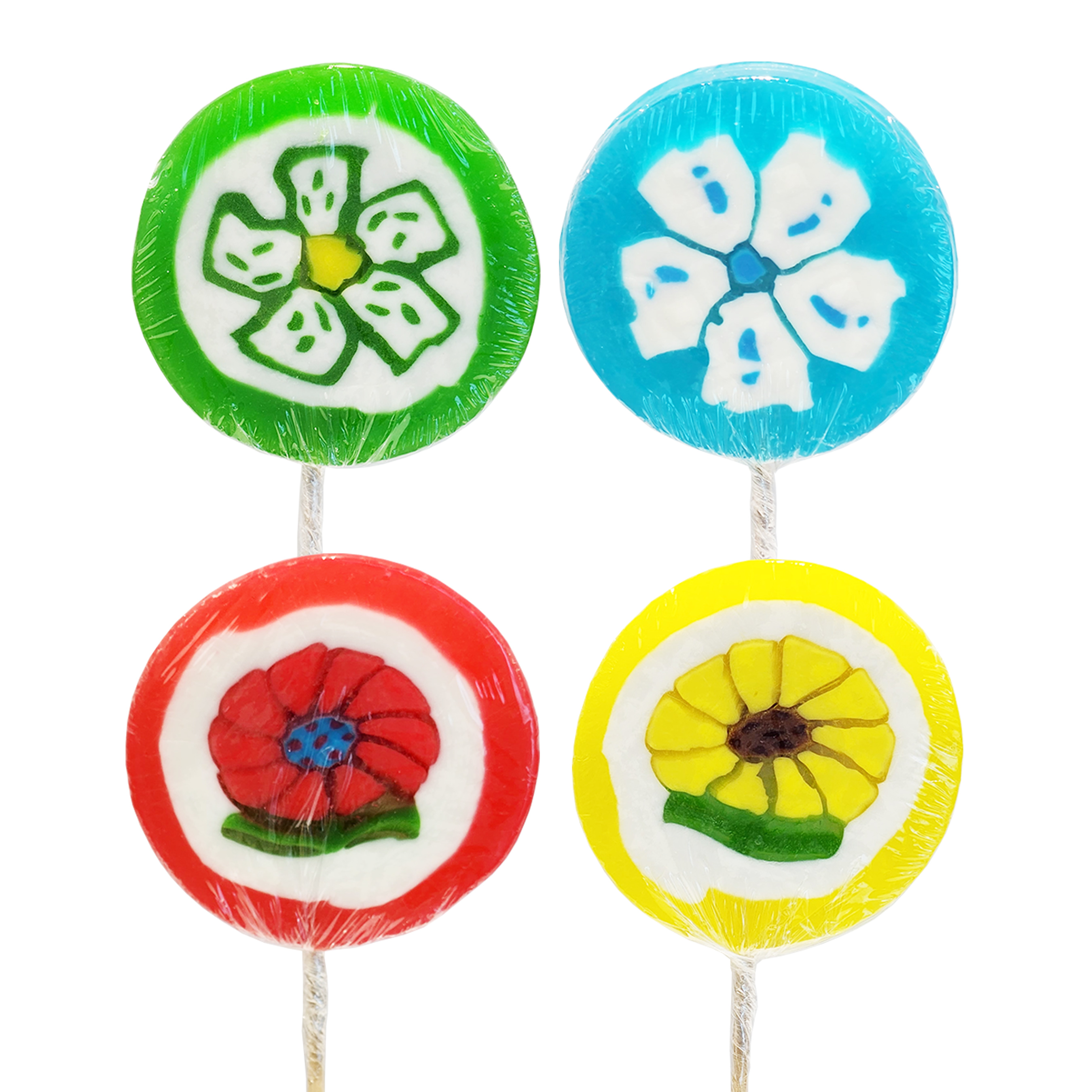 Jumbo Flowers style. 20 pieces per bag. lollipops include green, blue, yellow, red. 