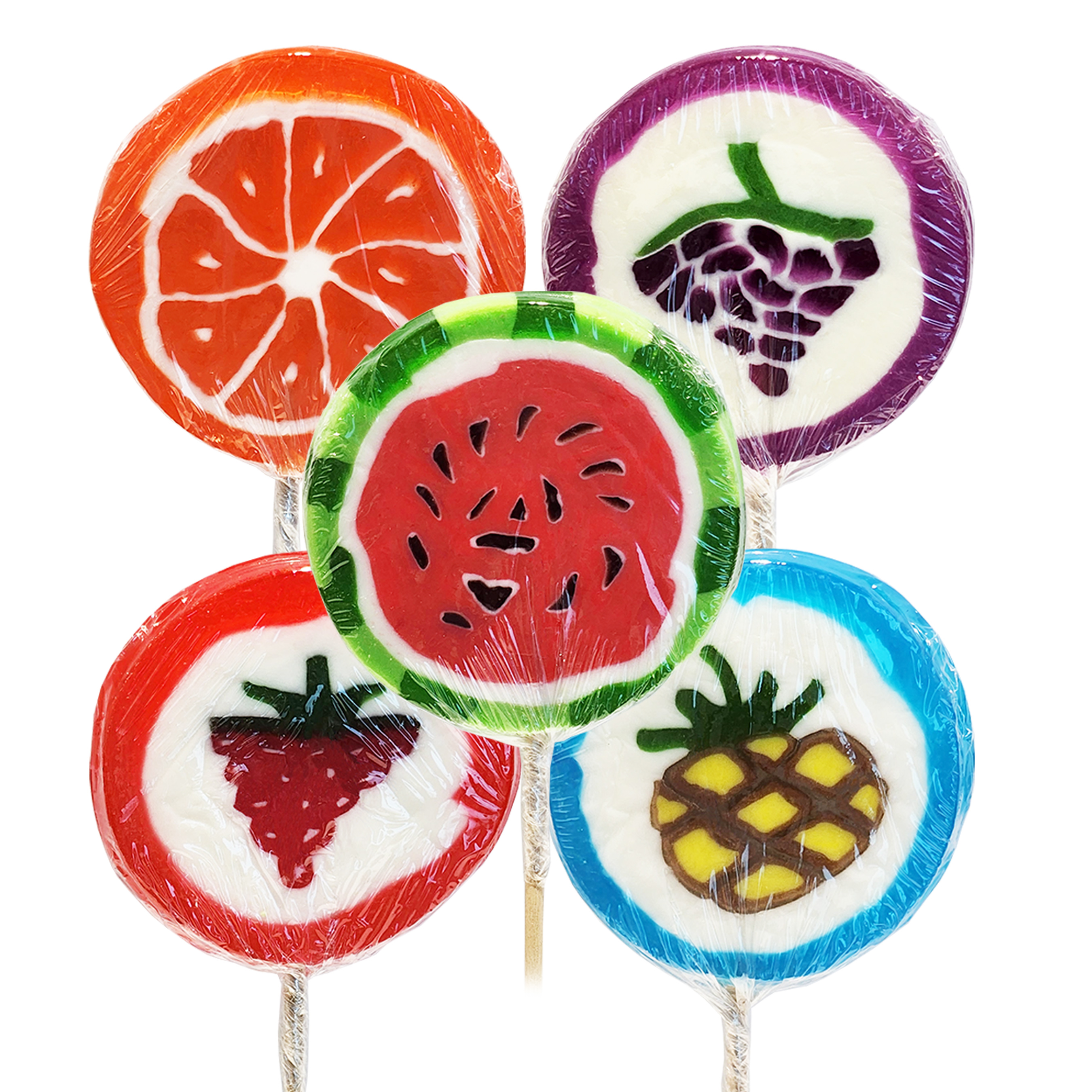 Jumbo Fruits style. 20 pieces per bag. lollipops include orange, grape, pineapple, strawberry, watermelon