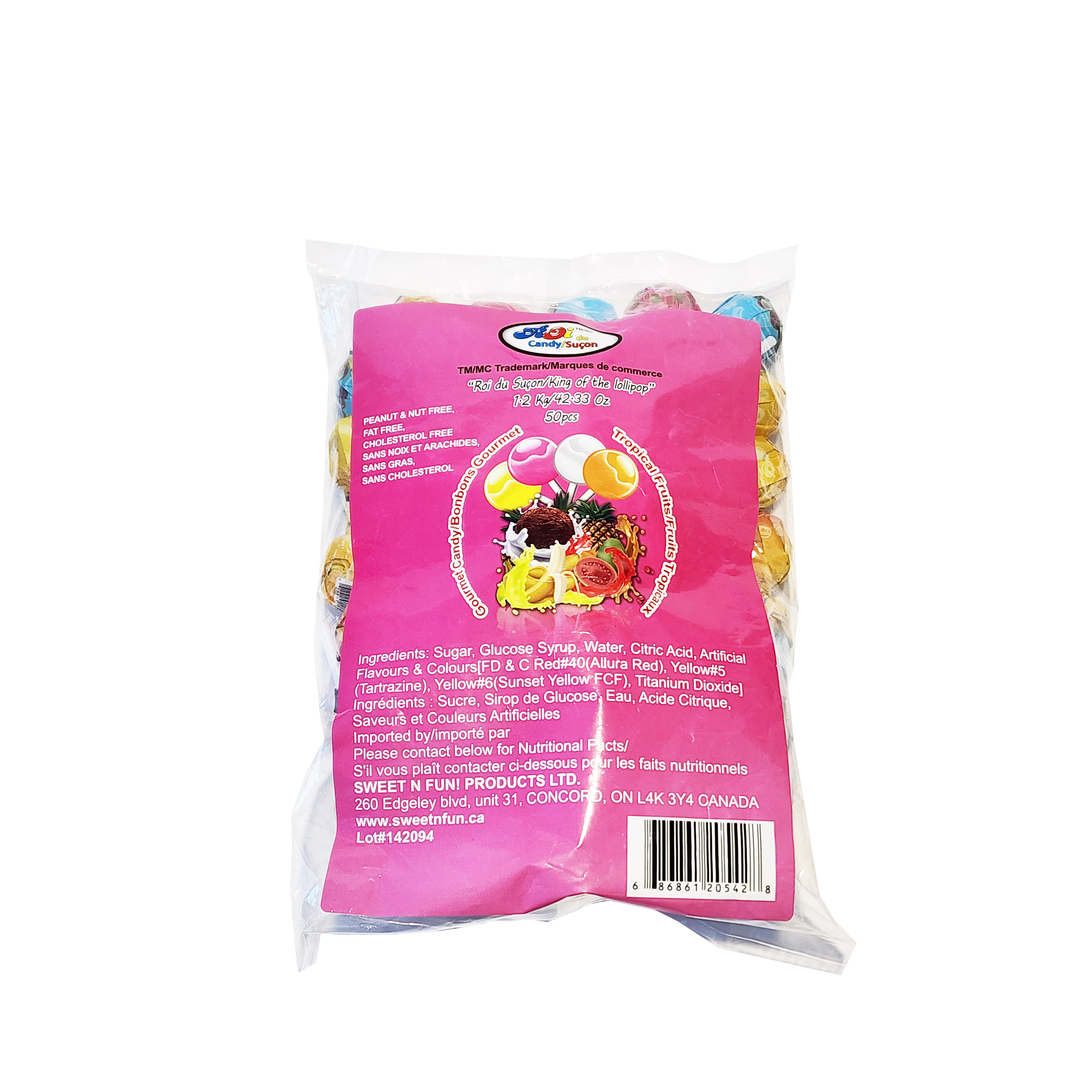 mini lollipop candies with four flavors of Guava, Coconut, Banana, and Pineapple in a bag. 50 pieces per bag