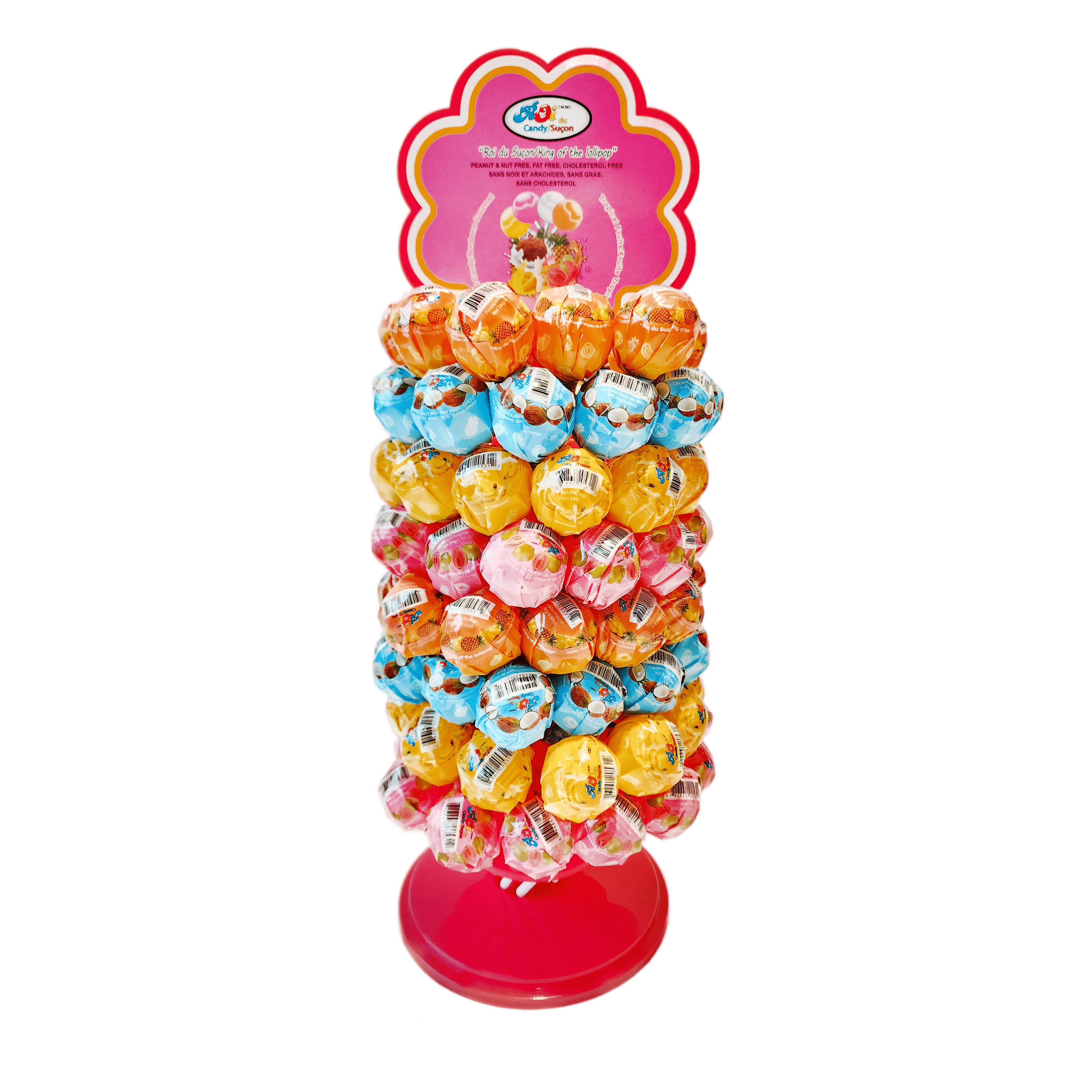 mini lollipop candies with four flavors of Guava, Coconut, Banana, and Pineapple in a jar. 100 pieces per jar