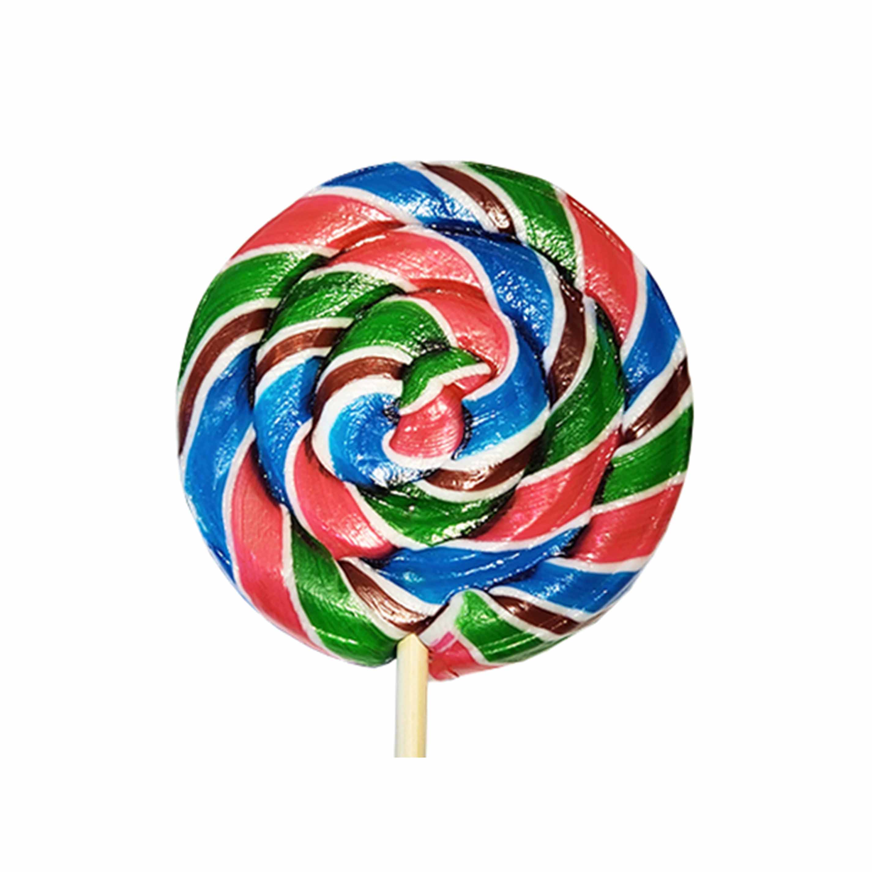 blue,pink, green, and brown swhirly sweet whirls lollipop candy