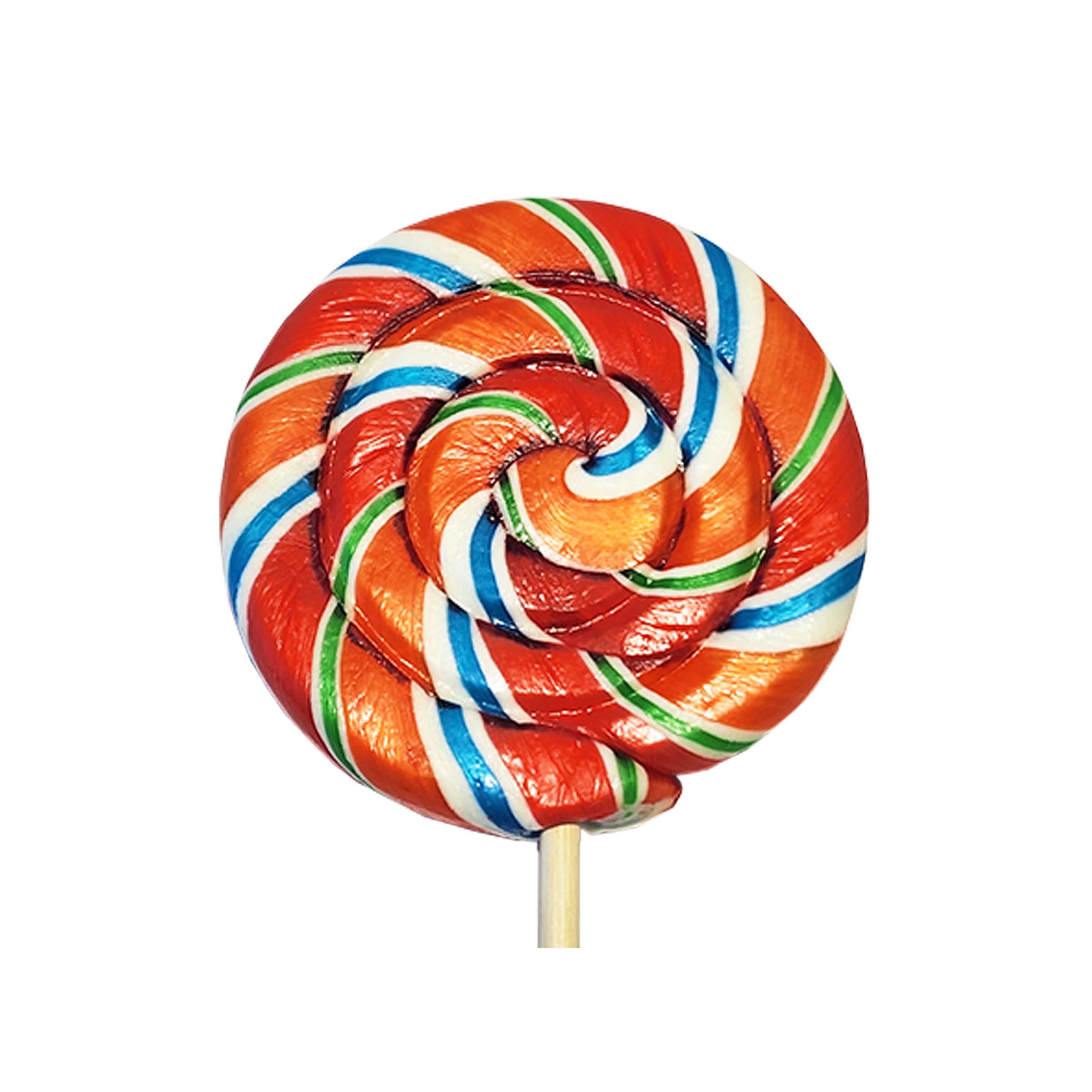 red, green, orange, and blue swhirly sweet whirls lollipop candy
