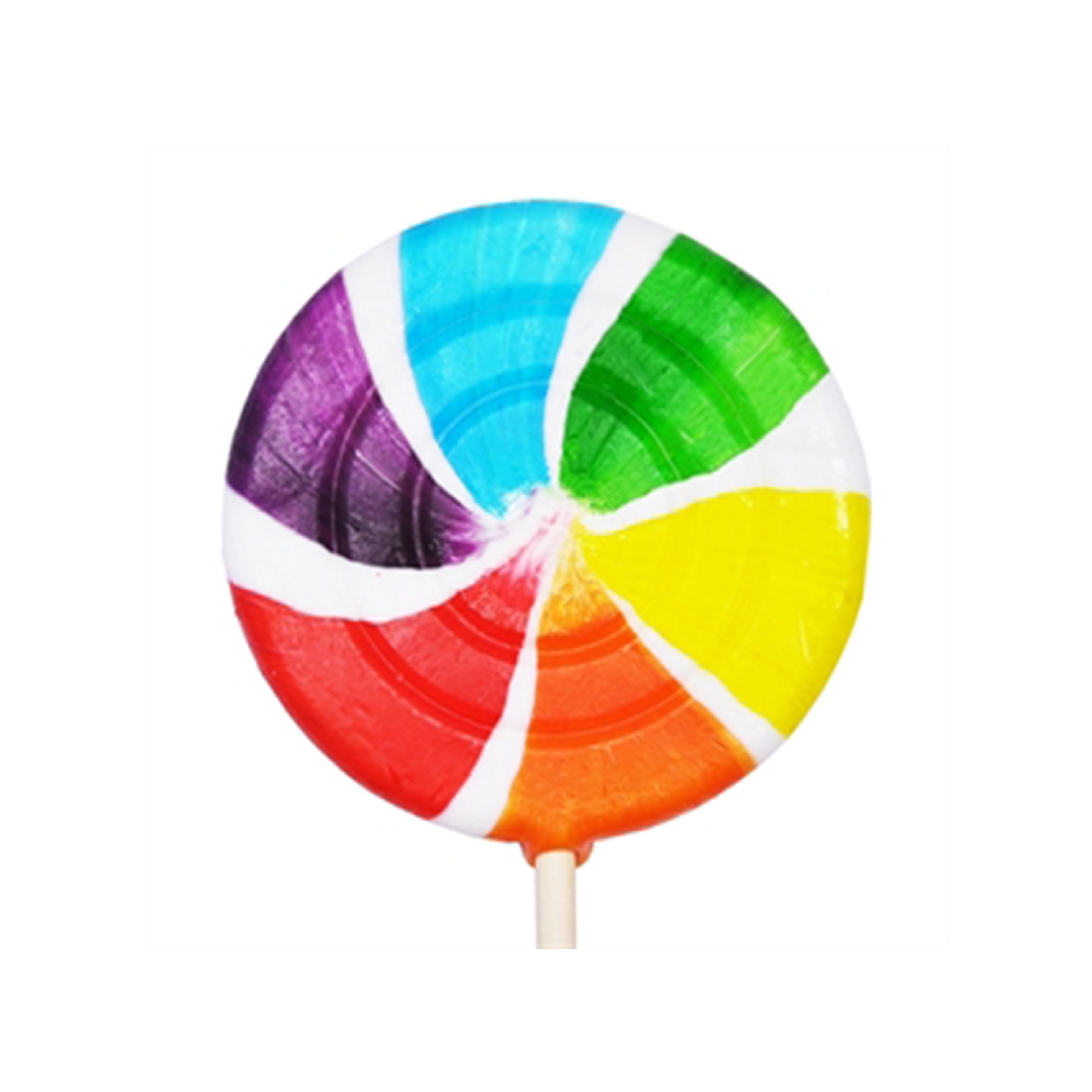 rainbow colored wheel, strawberry flavored sweet whirls lollipop candy